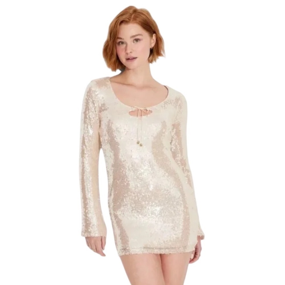 Wild Fable Sequin Mini Dress Off White Long Sleeve Tie Front Keyhole Large NEW